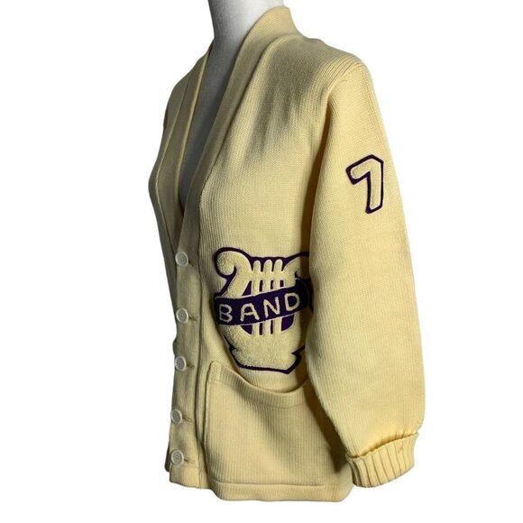 Vintage 70s Cardigan Varsity Sweater S Cream Wool Blend Pockets High School Band - Picture 10 of 12